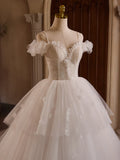 Ndyad Off Shoulder Tulle Lace Long Prom Dress, White Long Wedding Dress HZ1024
