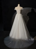 Ndyad Off Shoulder Tulle Lace Long Prom Dress, White Lace Long Formal Dress HZ1024
