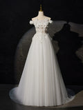 Ndyad Off Shoulder Tulle Lace Long Prom Dress, White Lace Long Formal Dress HZ1024
