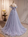 Ndyad A-Line Tulle Long Prom Dress, Off Shoulder Purple Graduation Dress HZ1024