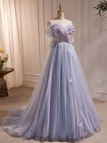 Ndyad A-Line Tulle Long Prom Dress, Off Shoulder Purple Graduation Dress HZ1024