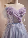 Ndyad A-Line Tulle Long Prom Dress, Off Shoulder Purple Graduation Dress HZ1024