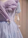 Ndyad A-Line Tulle Long Prom Dress, Off Shoulder Purple Graduation Dress HZ1024