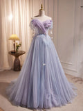 Ndyad A-Line Tulle Long Prom Dress, Off Shoulder Purple Graduation Dress HZ1024