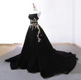 Ndyad Velvet Sweep Train Long Prom Dress, Black Velvet Long Evening Dress HZ1024