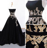Ndyad Velvet Sweep Train Long Prom Dress, Black Velvet Long Evening Dress HZ1024