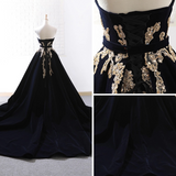 Ndyad Velvet Sweep Train Long Prom Dress, Black Velvet Long Evening Dress HZ1024