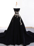 Ndyad Velvet Sweep Train Long Prom Dress, Black Velvet Long Evening Dress HZ1024