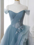 Ndyad Blue Tulle Lace Long Prom Dress, Gray Blue Formal Dress HZ1024