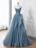 Ndyad Blue Tulle Lace Long Prom Dress, Gray Blue Formal Dress HZ1024