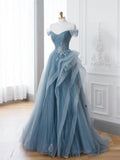Ndyad Blue Tulle Lace Long Prom Dress, Gray Blue Formal Dress HZ1024