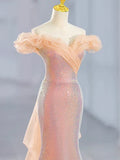 Ndyad Mermaid Tulle Off Shoulder Sweetheart Party Dress, Sequins Prom Dress HZ1024