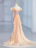 Ndyad Mermaid Tulle Off Shoulder Sweetheart Party Dress, Sequins Prom Dress HZ1024