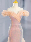 Ndyad Mermaid Tulle Off Shoulder Sweetheart Party Dress, Sequins Prom Dress HZ1024