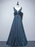 Evafashion A-Line Blue Long prom Dress, Blue Formal Dresses HZ1024