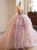 Ndyad Sweetheart Neck Tulle Pink Long Prom Dress, Pink Evening Dress HZ1024