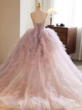 Ndyad Sweetheart Neck Tulle Pink Long Prom Dress, Pink Evening Dress HZ1024