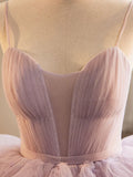 Ndyad Sweetheart Neck Tulle Pink Long Prom Dress, Pink Evening Dress HZ1024
