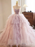 Ndyad Sweetheart Neck Tulle Pink Long Prom Dress, Pink Evening Dress HZ1024