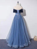 Ndyad Blue A-Line Tulle Long Prom Dress, Gray Blue Long Formal Dress HZ1024