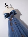 Ndyad Blue A-Line Tulle Long Prom Dress, Gray Blue Long Formal Dress HZ1024