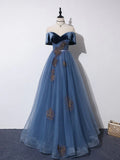 Ndyad Blue A-Line Tulle Long Prom Dress, Gray Blue Long Formal Dress HZ1024