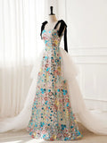 Ndyad A-Line Sequin Flower Tulle Long Prom Dress, White Formal Evening Dress HZ1024