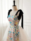 Ndyad A-Line Sequin Flower Tulle Long Prom Dress, White Formal Evening Dress HZ1024