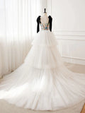 Ndyad A-Line Sequin Flower Tulle Long Prom Dress, White Formal Evening Dress HZ1024