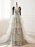 Ndyad A-Line Sequin Flower Tulle Long Prom Dress, White Formal Evening Dress HZ1024