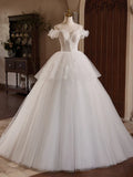 Ndyad Off Shoulder Tulle Lace Long Prom Dress, White Long Wedding Dress HZ1024