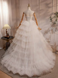 Ndyad Sweetheart Neck Tulle Lace Applique Beige Long Prom Dress with Beads HZ1024