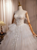 Ndyad Sweetheart Neck Tulle Lace Applique Beige Long Prom Dress with Beads HZ1024