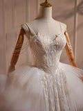 Ndyad Sweetheart Neck Tulle Lace Applique Beige Long Prom Dress with Beads HZ1024