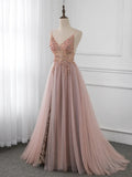 Ndyad V Neck Tulle Beading Pink Long Prom Dress. Pink Formal Dress HZ1024