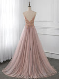 Ndyad V Neck Tulle Beading Pink Long Prom Dress. Pink Formal Dress HZ1024