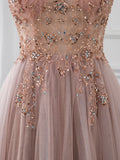 Ndyad V Neck Tulle Beading Pink Long Prom Dress. Pink Formal Dress HZ1024