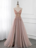 Ndyad V Neck Tulle Beading Pink Long Prom Dress. Pink Formal Dress HZ1024