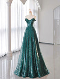 Ndyad Tulle Sequin Dark Green Long Prom Dress, Green Formal Evening Dress HZ1024