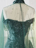 Ndyad Tulle Sequin Dark Green Long Prom Dress, Green Formal Evening Dress HZ1024