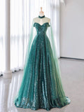 Ndyad Tulle Sequin Dark Green Long Prom Dress, Green Formal Evening Dress HZ1024