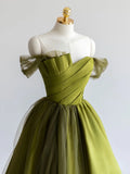 Ndyad Off Shoulder Satin Green Long Prom Dress, Green Formal Dress HZ1024