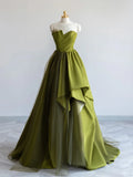 Ndyad Off Shoulder Satin Green Long Prom Dress, Green Formal Dress HZ1024