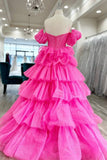 Ndyad Hot Pink Tulle Lace Sweetheart Long Layered Prom Dress HZ1024