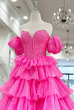 Ndyad Hot Pink Tulle Lace Sweetheart Long Layered Prom Dress HZ1024