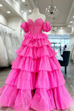 Ndyad Hot Pink Tulle Lace Sweetheart Long Layered Prom Dress HZ1024
