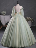 Evafashion A-Line 3D Lace Long Prom Dress, Green Lace Sweet 16 Dress HZ1024