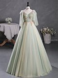 Evafashion A-Line 3D Lace Long Prom Dress, Green Lace Sweet 16 Dress HZ1024