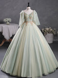 Evafashion A-Line 3D Lace Long Prom Dress, Green Lace Sweet 16 Dress HZ1024