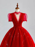 Ndyad A-Line Tulle Sequin Long Prom Dress, Burgundy Formal Dress HZ1024